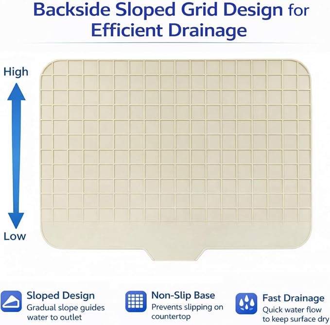 Large Silicone Dish Drying Mat – 23"x17" Sloped Sink Draining Tray with Sponge Holder for Kitchen Counter, Angled Surface for Water Drainage, Silicone Rack Mat with Drain Lip(Beige)