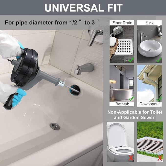 Drain Auger, Clog Remover with Drill Adapter, 25 Feet Flexible Plumbing Snake Use Manually or Powered for Kitchen,Bathrom and Shower Sink, Comes with Gloves(Gray)