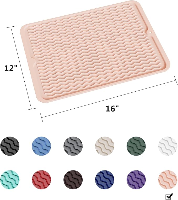 ZLR Silicone Dish Drying Mat for Kitchen Counter (12" x 16" / 307 x 405mm) - Large Fast-Dry Drainer Mat with Raised Wavy Ridges & 5mm Lip - Non-Slip, Heat Resistant 450°F, BPA-Free (Peach Pink)