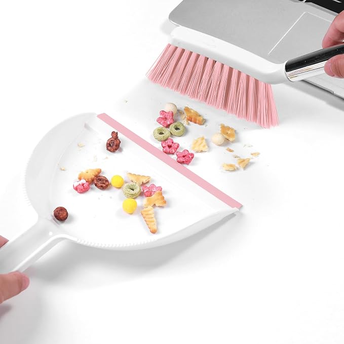 NACENA Mini Broom and Dustpan Set 2 Packs, Small Dust Pan and Brush Set with Handle Dustpan Teeth for Cleaning Hair Suitable for Office Desks Drawers Sofas Outdoor Camping, Pink