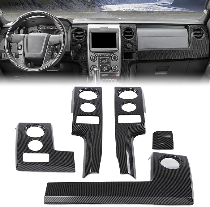 CHEDA Center Console Dashboard Panel Cover Trim Bezels Compatible with Ford F150 2009-2014 Polished Black Carbon Fiber
