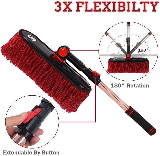 Exterior Car Duster & Brush Kit - Loop End, Red Brush | Telescoping wax cotton auto mop traps pollen scratch-free. Combo with inside detailing tools & bag. Ideal gift for SUV, RV.