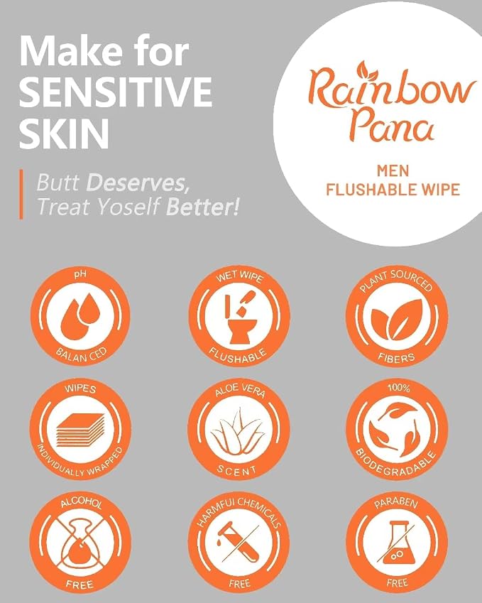 RainbowPana 240 Count Flushable Wipes for Men: ON-THE-GO, Individually Wrapped | Butt Wipes, Travel Wipes | Lightly Scented - Vitamin C, E, Aloe, Plant Extract