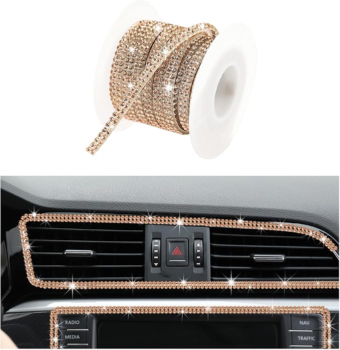 Ohleats Bling Car Trim Self Adhesive, 16.4 Ft Auto Interior Exterior Crystal Rhinestone Decoration Strip Decal, Glitter Trim Strips Line Molding for Dashboard, Car Accessories (Golden)