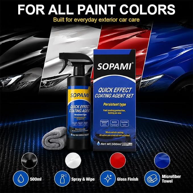Sopami Car Coating Spray, Quick Effect Coating Agent - 33.8 FL OZ | Car Scratch Wax Polish Spray Waterless Wash, Quickly Coat Car Wax, Oil Film Emulsion Glass Cleaner with towel for All Car