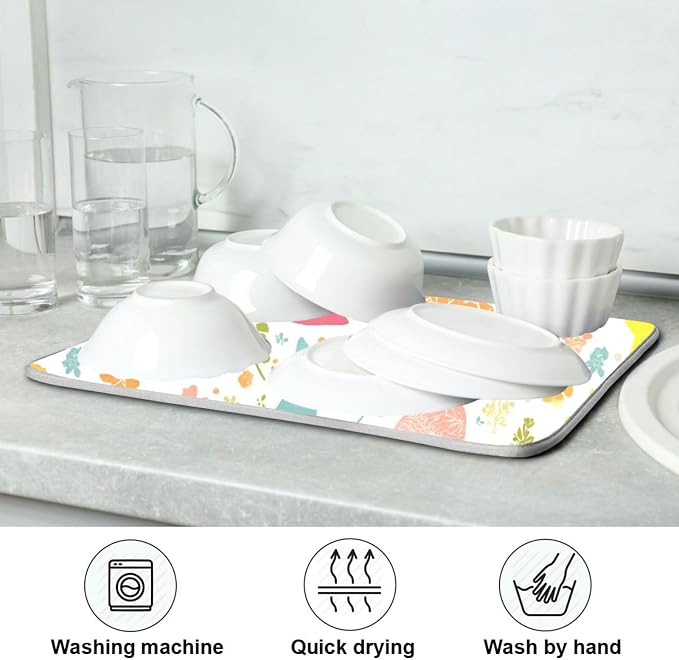 Flowers Eggs Bunny Easter Dish Drying Mat 18 X 24 Inches Spring Rose Leaves Peeps Rabbits Dry Dishes Pads Mats for Kitchen Tableware Protector Countertops Counter Home Decorations