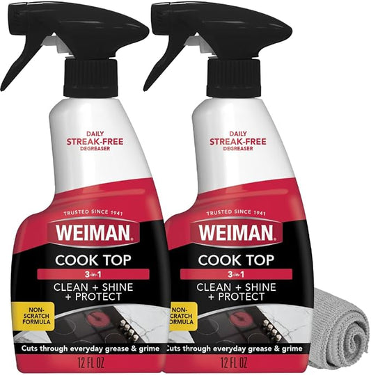 Weiman 2-Pack Cooktop Cleaning Spray & Microfiber Cloth – Cooktop & Oven Cleaner for Streak & Residue Free - Non-Abrasive Degreaser Safe for Glass & Ceramic