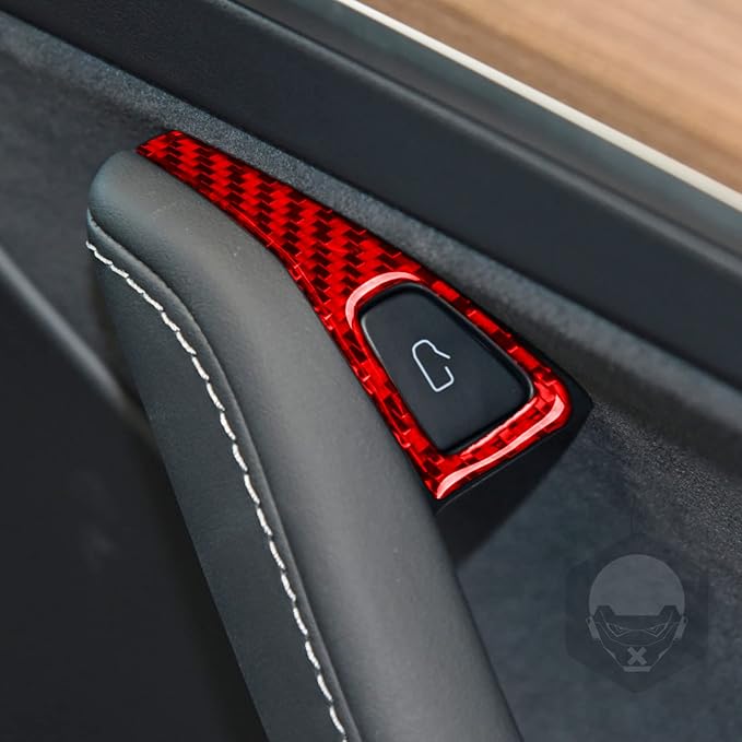 Red Real Carbon Fiber Trim for Tesla Accessories | for Model 3 2017-2022 / Model Y 2020-2024 Door Glass Lifting Window Power Switch Button Sticker Interior Thick Overlay Decal