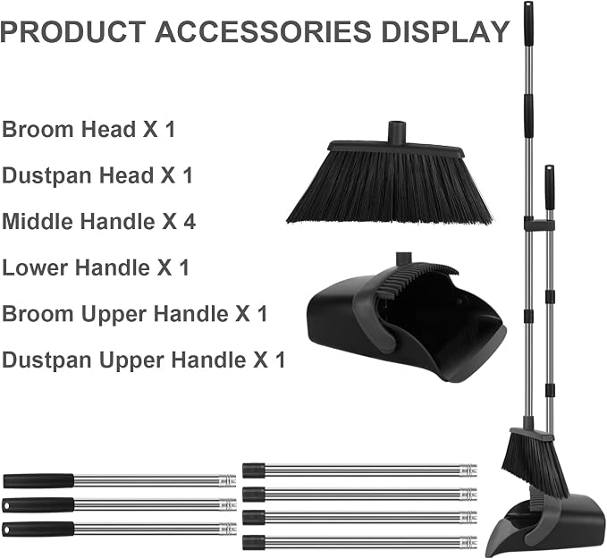 Black Broom and Dustpan Combo Set, 55" Long Handle Broom | Large Area Outdoor Cleaning, Extended Reach Design, Built-in Comb Dustpan, Foldable Storage for Garage, Patio & Home