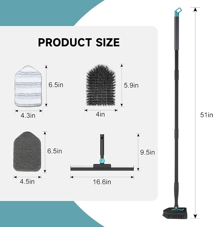 nacena Shower Scrubber with Long Handle, 4 in 1 Tile Tub Scrubber Brush with 3 Detachable Cleaning Shower Heads and Floor Squeegee Shower Cleaner Brush for Bathroom Kitchen Tub Sink Floor, Black