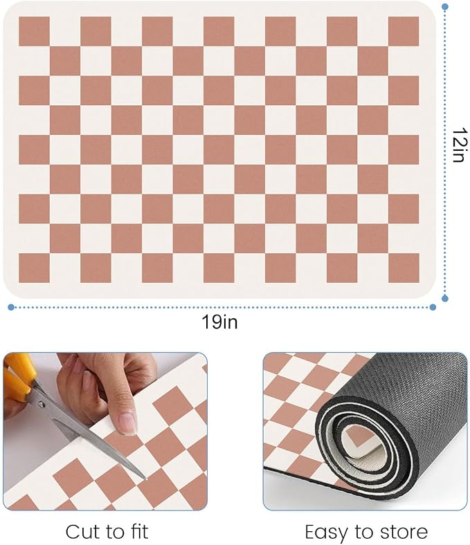 Clinuse Coffee Mats, 19"x12" Checkered Dish Drying Mat for Kitchen Counter, Quick Dry Mat, Diatomite Absorbent Aesthetic Large Drying Mats for Coffee Bar - Beige White