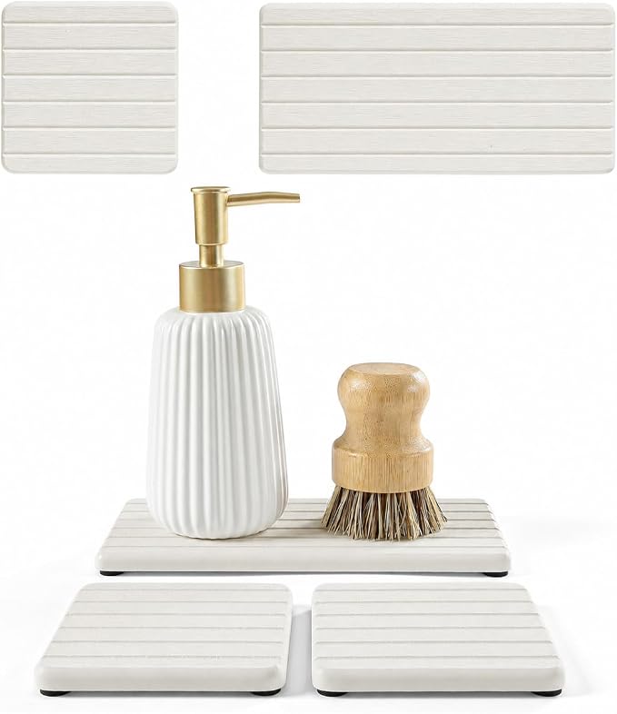 Diatomaceous Earth Sink Organizer Tray Set, 3-Pack Fast Drying Water Absorbing Stone Soap Holder Caddy for Kitchen & Bathroom Counter, Faucet Splash Guard, Beige (1pc of 8"x3.8" + 2pcs of 3.8"x3.8")