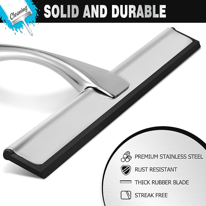 NETANY Shower Squeegee, 12-Inch Silver Squeegee, All-Purpose Stainless Steel Squeegee for Bathroom, Shower Doors, Mirrors, Tiles and Car Windows - 100% Streak Free