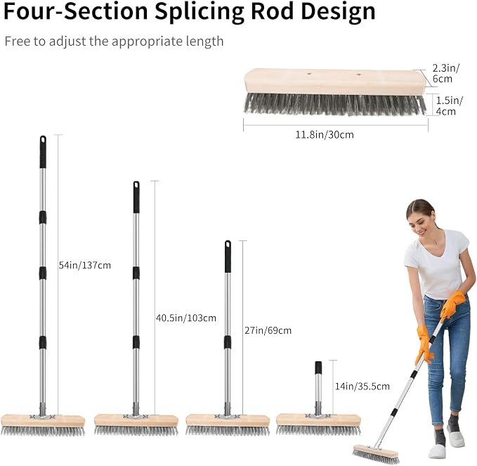 Stainless Steel Wire Scrub Brush with Long Handle, Heavy Duty Floor Scrubber Brush, Moss Remover Wire Broom for Deck, Rough Surface, Concrete Floor, Patio, Garden, Garage