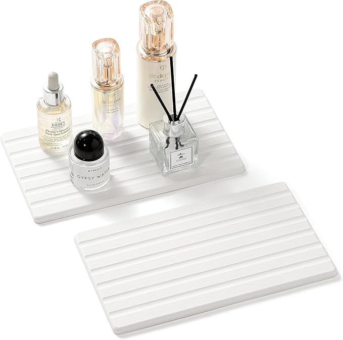 Razborci 2PCS Water Absorbing Stone Drying Tray Mat for Bathroom Sink & Kitchen Counter Organizer, Quick Dry Dish Soap Dispenser Sponge Holder, Vanity Sink Caddy, Drink Bar Coaster, White - 10"*6"