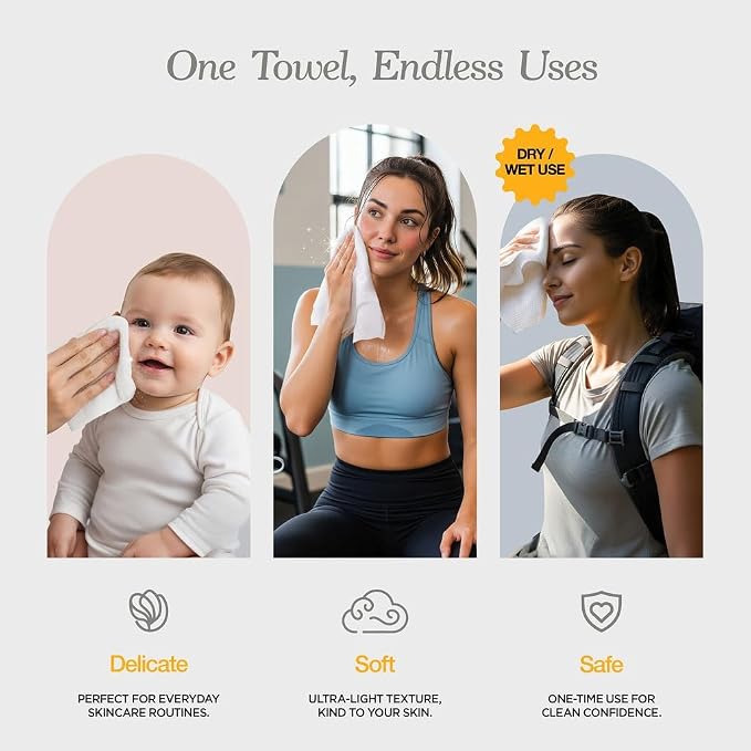 Face Towels - Ultra Soft and Thick Disposable Face Towelettes for Women - Biodegradable Facial Towels for Sensitive Skin - Face Cleansing, Makeup Removal, 10x12 Extra Large - 100 Pack