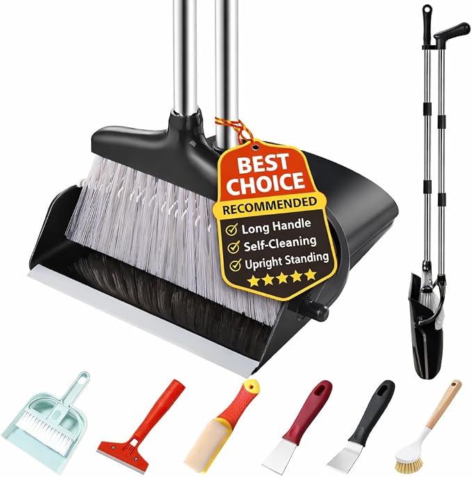Broom and Dustpan Set with Long Handle and 6 Bonus Cleaning Tools, Upright Standing Combo with Self-Cleaning Teeth & Windproof Dustpan for Pet Hair, Home, Kitchen, Garage, Apartment