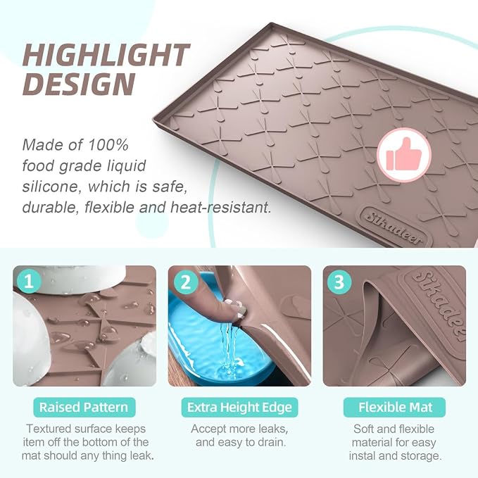 SIKADEER Waterproof Under Sink Mat 22x19, Raised Edge Silicone Mat Under Sink Shelf Liner, Sink Protector Kitchen Cabinet Tray for Bathroom Vanity and Small Cabinets, Cat Food Mat