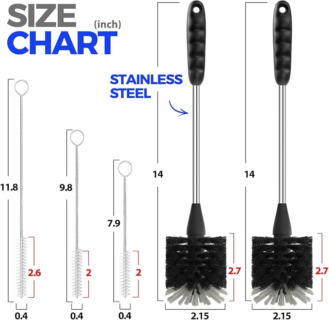 Holikme 5-Piece Bottle Brush Cleaner Set - 14" Stainless Steel Handle, 3 Straw Brushes, Cleans Water Bottles, Cups, Baby Bottles, Black & Grey
