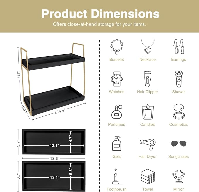 Forbena Black and Gold Bathroom Organizer Countertop, 2 Tier Counter Organizer for Bathroom Decor, Modern Sink Shelf Organizers for Vanity Storage, Make upTray for Makeup Bedroom