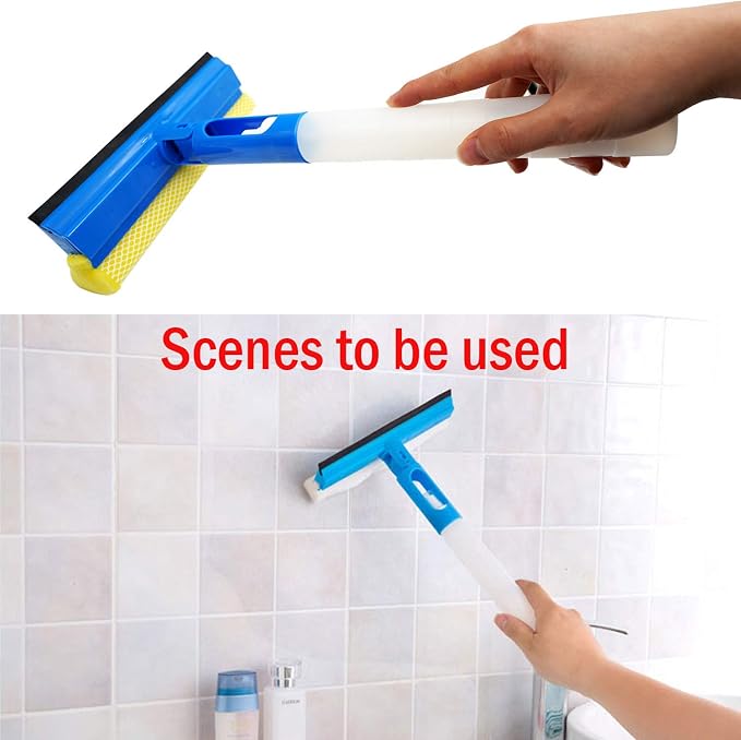 Car Window Cleaner Squeegee with Sponge and Rubber Blade Cleaning Tool Wiper with Spray Bottle 3 in 1 Multipurpose | for Indoor and Outdoor, Home, Car Window, Glass (2 Pack)