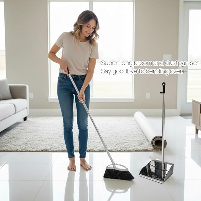 Indoor Broom and Dustpan Comb Set,Heavy Duty Stainless Steel Metal Dust Pan with Long Handle Sweeping Soft Bristles Broom for Floor Home Lobby Office
