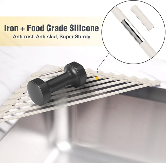 Tomorotec Compact Silicone-Coated Triangle Dish Drying Rack for Sink Corner - Foldable Stainless Steel Over-The-Sink Organizer and Storage Shelf(Cream Color)