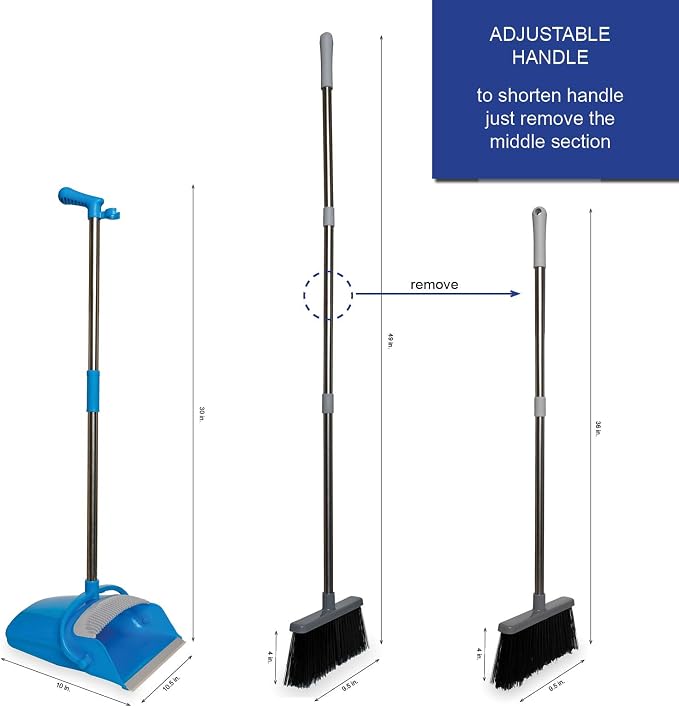 JFB Home Products BristleComb Outdoor Broom & Dustpan Set Upright, 49" Long Adjustable Broom, Long Handle, Self-Cleaning Comb & 2 Interchangeable Heads of Different Stiffness - Medium and Coarse