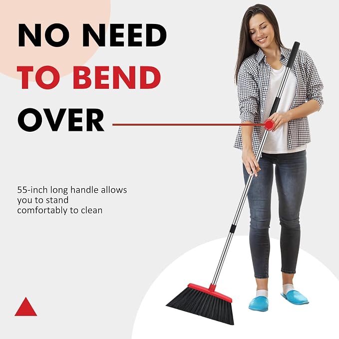NACENA Heavy Duty Broom, 55 Inch Long Handle Outdoor Large Angle Brooms, Commercial Broom for Sweeping Indoor, for Home Garage Kitchen Office Courtyard Lobby Patio Lawn Concrete, 2 Pack (Black&Red)