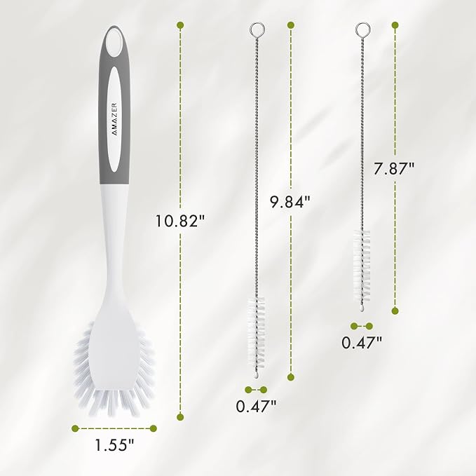 Amazer 4 Pack Dish Brush with Handle, Kitchen Scrub Brushes for Cleaning, Straw Cleaner Brushes for Water Bottle, Dish Scrubber with Stiff Bristles for Sink