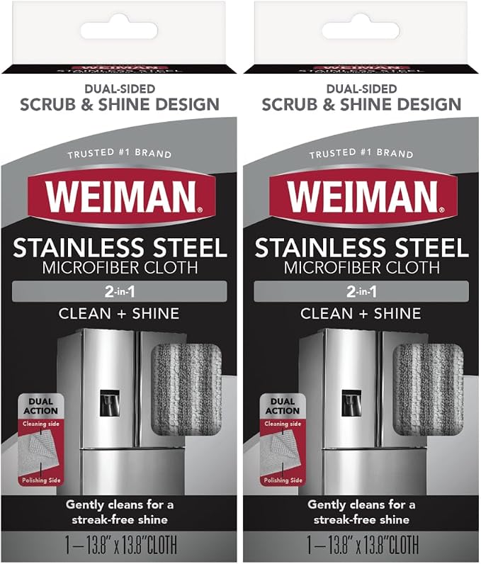 Weiman Microfiber Cloth for Stainless Steel, Safely Traps and Removes Dirt, Oil and Grime to Protect from Scratches 13.8" x 13.8" (Pack of 2)