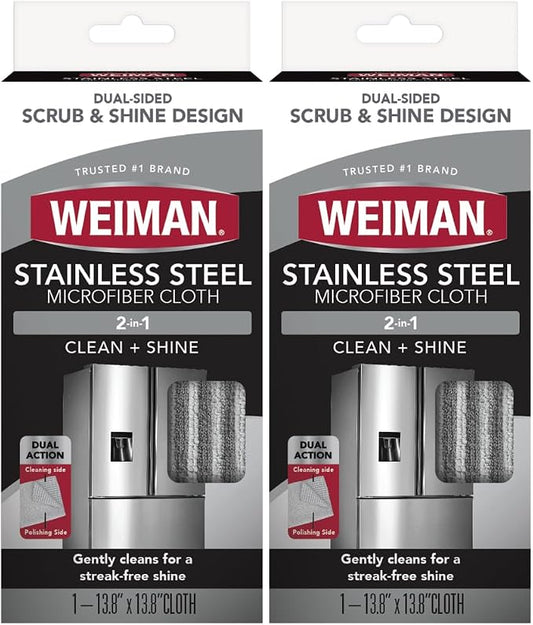 Weiman Microfiber Cloth for Stainless Steel, Safely Traps and Removes Dirt, Oil and Grime to Protect from Scratches 13.8" x 13.8" (Pack of 2)