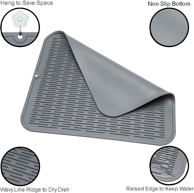 ZLR 2 Pcs Heavy-Duty Silicone Dish Drying Mat (16" x 18" / 401x455mm) - XL Family-Size Thick 5mm Drainboard for Pots, Pans & Heavy Cookware - Oversized Trivet & Counter Protector, Non-Slip (Dark Gray)
