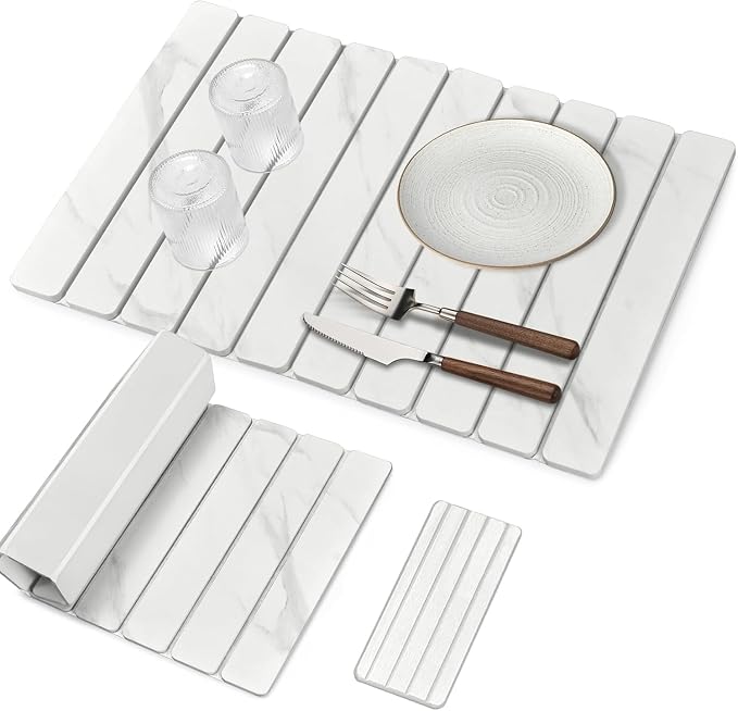 Large Stone Dish Drying Mats for Kitchen Counter, Quick Dry Dish Drying Mats, Foldable Absorbent Diatomaceous Earth Mats for Dishes Cups, Match Any Countertop (24"×16" & 8"x4" White Marble )