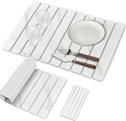 Large Stone Dish Drying Mats for Kitchen Counter, Quick Dry Dish Drying Mats, Foldable Absorbent Diatomaceous Earth Mats for Dishes Cups, Match Any Countertop (24"×16" & 8"x4" White Marble )