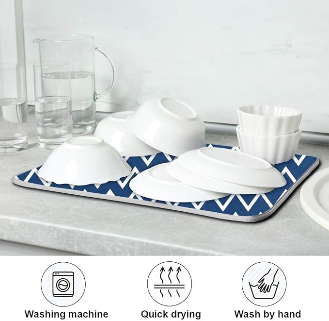 Nautical Navy Stripes Dish Drying Mat for Kitchen, Absorbent Microfiber Drying Pad Dish Mat, 16" X 18"