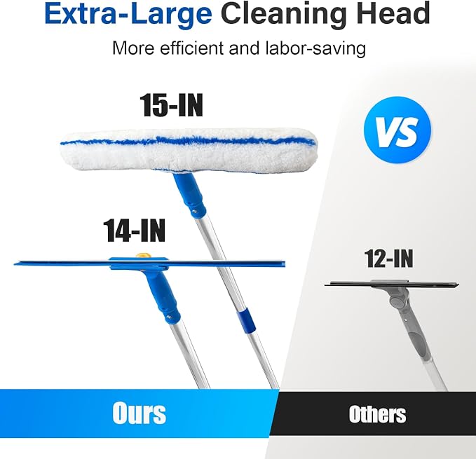 ARTIPOLY Squeegee for Window Cleaning, 14" Extra-Large Squeegee & Microfiber Scrubber Combi with 60" Stainless Steel Pole, Window Cleaning Kit for Shower Glass Mirror Door Car-2 Pads