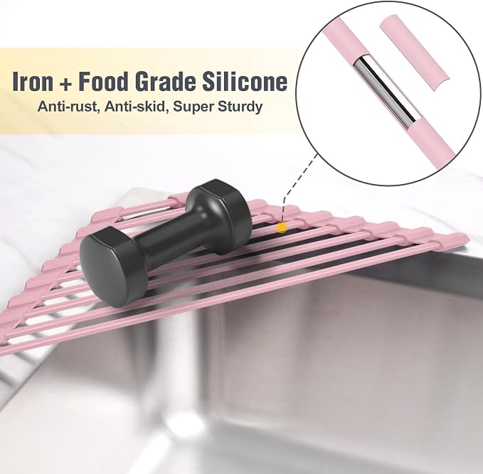 Tomorotec Compact Silicone-Coated Triangle Dish Drying Rack for Sink Corner - Foldable Stainless Steel Over-The-Sink Organizer and Storage Shelf (Pink)