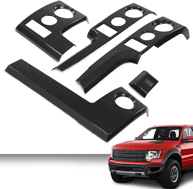 CHEDA Center Console Dashboard Panel Cover Trim Bezels Compatible with Ford F150 2009-2014 Polished Black Carbon Fiber