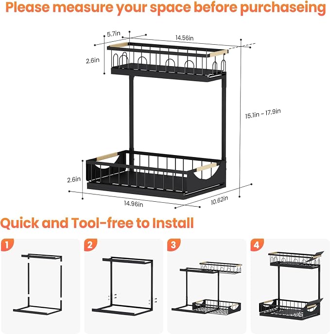 2 Pack 2 Tier Under Sink Organizer and Storage for Bathroom and Kitchen - Under Cabinet Pull Out Shelf Organizers - Sliding Out Drawer Organization for Home Cabinets Shelves and Drawers