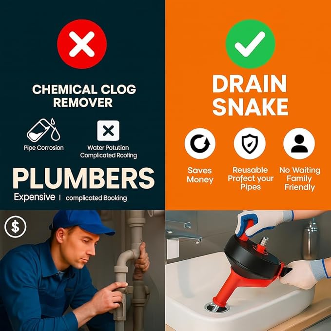 42 FT Drain Snake Hair Drain Clog Remover, Manual Or Powered, Plumbing Snake With Drill Adapte,Unclog Sink Drain Tool, Drain Auger for Toilet、Shower、Kitchen、Sink, No Auto Retract Or Feed, Red