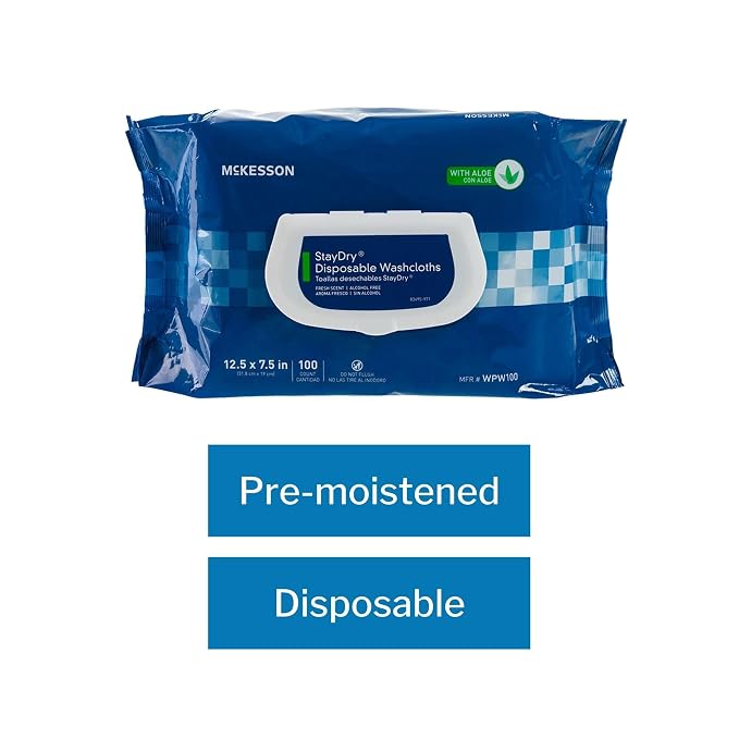 McKesson Disposable Wipe 12 Pack, 600 Washcloths - Large Adult Body and Incontinence Washcloths with Aloe and Vitamin E, Alcohol-Free, 50 Wipes Per Pack