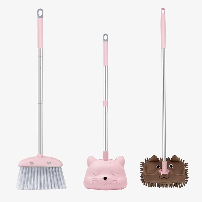 28'' Kids Mini Broom with Dustpan & Mop Set - Toddler Cleaning Toy, Toddler Household Helper, Parent-Child Interactive Play Cleaning Tool, Cute Cartoon Design, Small Safe Corner Broom (Pink)