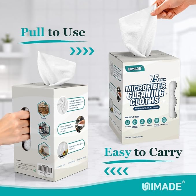 UNIMADE Microfiber Cleaning Cloth, 75 Sheets Microfiber Towels for Cars Commercial Grade Washcloths Lint-Free Bulk Shop Towel Cleaning Rags for Household Restaurant Garage Housekeeping, 11"x 9", White