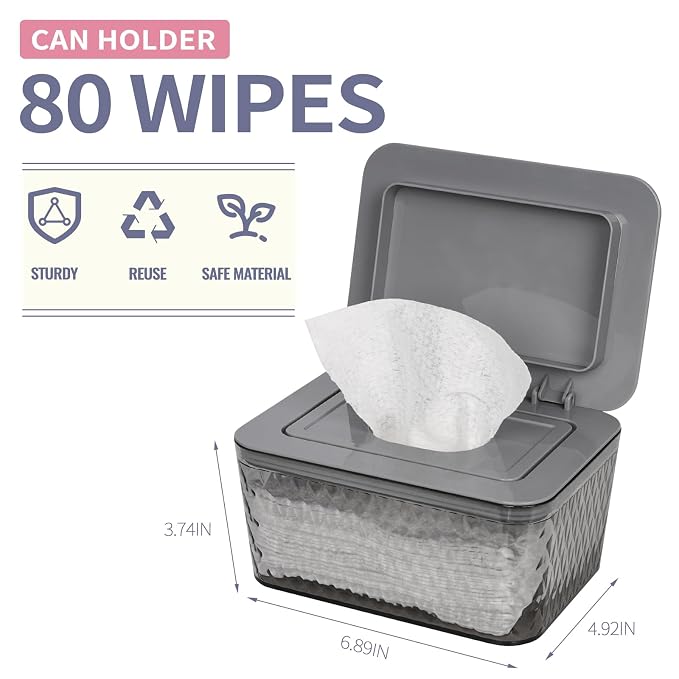 Wipes Dispenser, One-Handed Operation Wipe Holder for Baby & Adult, Seal-Designed Wipes Container for Bathroom Keep Diaper Wipes Fresh (Grey)