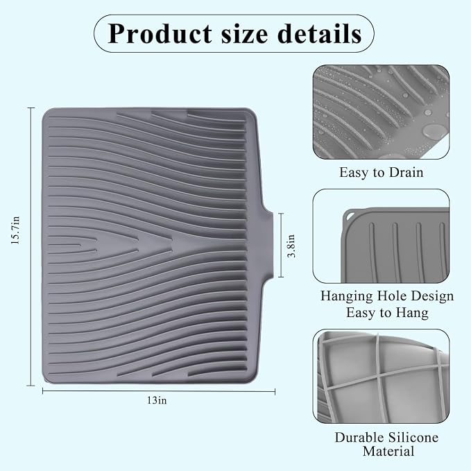 Silicone Dish Drying Mat for Kitchen Counter,16"X13" With Built-in Drain Lip,Food-Grade Silicone, Heat-Resistant Eco-friendly Hygienic Drying Mat Leak-Proof and Non-Slip, Multi-Functional Use（Gray）
