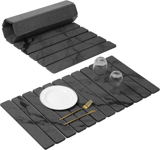 Extra Large Stone Dish Drying Mat for Kitchen Counter, Quick Dry Stone Dishes Mats, Foldable Water Absorbing Diatomaceous Drying Pad for Countertop Bottles Utensils Cups Bathroom(Dark Gray 32"×16"）