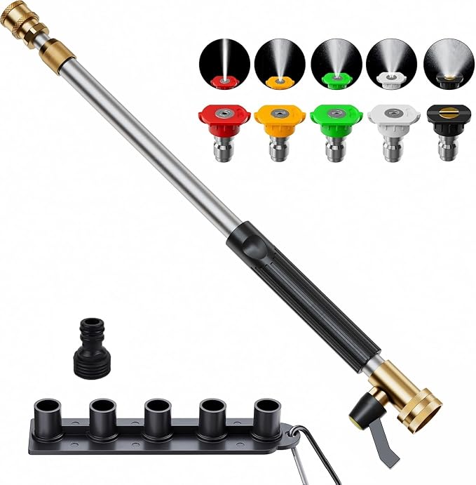 Adjustable Jet Nozzle High Pressure Hose Nozzle, 18-33” Hydro Nozzle Wands | | for Garden Hose with 5 Nozzles & Hose Quick Connectors, Extended Power Washer Wand for Patio, Car, Window, Black