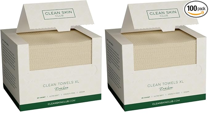 Clean Skin Club Bamboo Viscose Clean Towels® XL 100% USDA Biobased Face Towel, Disposable Face Towelette, Makeup Remover Dry Wipes, Ultra Soft, 50 Ct, 2 Pack