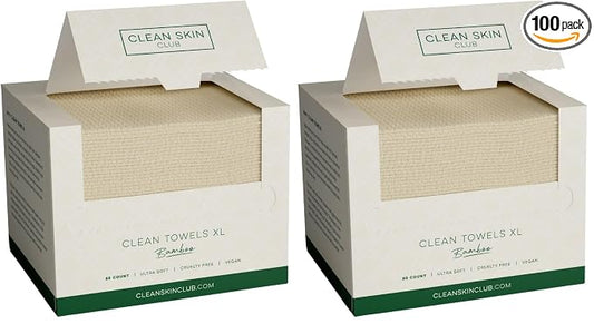 Clean Skin Club Bamboo Viscose Clean Towels® XL 100% USDA Biobased Face Towel, Disposable Face Towelette, Makeup Remover Dry Wipes, Ultra Soft, 50 Ct, 2 Pack